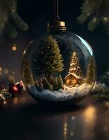 AI Generative vibrant cozy stunning winter Christmas tree inside clear crystal ball photo