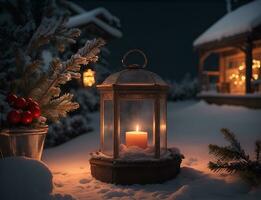 ai generativo un vibrante acogedor linterna decoración Navidad noche foto