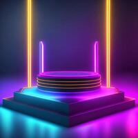 Blue pink violet neon abstract background, ultraviolet light, night club empty room interior. AI generated. photo