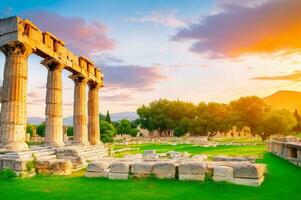 Ancient construction in Athens, Ancient Agora of Athens in Greece beautiful sunset. AI generated. photo