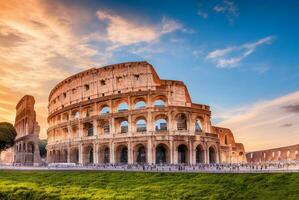Realistic breathtaking shot of the Colosseum amphitheater located in Rome, Italy. AI-generated. photo