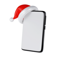 3D Render Black Smartphone with red Santa hat icon mockup with blank white screen on white background illustration. Cute element for Christmas and New Year greeting card png