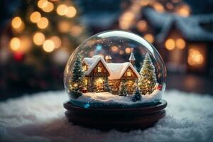 ai generativo vibrante acogedor maravilloso invierno Navidad árbol dentro claro cristal pelota foto