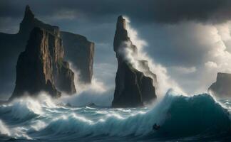 A dramatic seascape with towering cliffs meeting the crashing waves of a tumultuous ocean, shrouded in mist and spray. ai generative photo