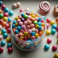 Candy of various colors in a beautiful container. Ai generative photo