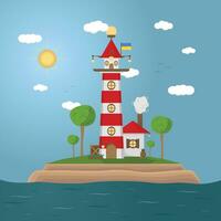 Lighthouse sea landscape. Nautical navigation tower on rocky coast under cloudy sky with trres. Ocean beach with beacon and building on cliff. Vector colored flat cartoon illustration of seascape