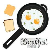 Frying eggs on frying pan. Breakfast menu logo on white background vector