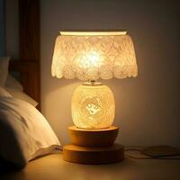 Small lamp glowing in bedroom night stand, close up, dim room. AI generated. photo