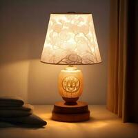 Small lamp glowing in bedroom night stand, close up, dim room. AI generated. photo