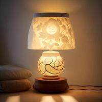 Small lamp glowing in bedroom night stand, close up, dim room. AI generated. photo