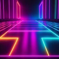 Abstract neon lights background with laser rays, and glowing lines stage. . photo