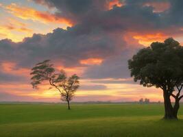 Grassy landscape with a tree and raincloud with a beautiful sunset. AI generated. photo