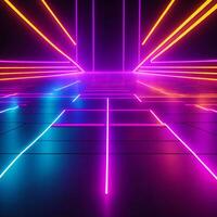 Abstract neon lights background with laser rays, and glowing lines stage. . photo