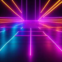 Abstract neon lights background with laser rays, and glowing lines stage. AI generated. photo