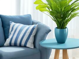 Photo of a vase plant on table decoration on the sofa chair. AI generated.