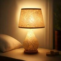 pequeño lámpara brillante en dormitorio noche pararse, cerca arriba, oscuro habitación. ai generado. foto