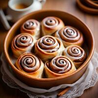 un perfectamente cocido canela rodar en plato. ai generativo foto