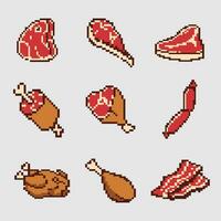 Raw meat pixel art set of beef pork chicken and steak vector