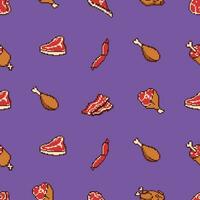 pixel art set of beef pork chicken and steak seamless pattern vector