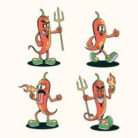 set of red chili mascot cartoon characters in vintage style vector