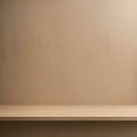 Beautiful wood pattern counter top, on beige brown stucco wall. ai generative photo