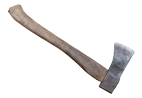 Old rust dirty dark gray axe with brown wooden handle isolated with clipping path in png file format