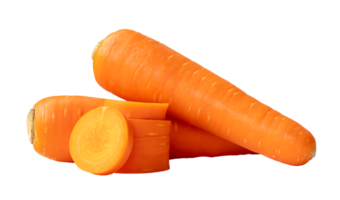 Two fresh orange carrots with slices in stack isolated with clipping path in png file format Close up of healthy vegetable root