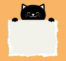 Cartoon black cat holding a torn paper sheet. Vector illustration