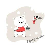 Winter card with a picture of a cute polar bear. Christmas background with smiling cartoon character. vector