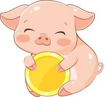 Cute kawaii pig with coin. Concept of piggy bank with coin, financial cushion, savings vector