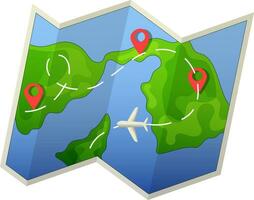 Airplane flies around paper map with location markings. Vector illustration, concept for travel and flights