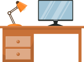 Office desk with a computer and a lamp png