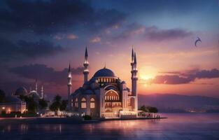 Beautiful mosque in the night city of Istanbul Turkey. AI generated. photo