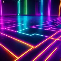 Abstract neon lights background with laser rays, and glowing lines stage. . photo
