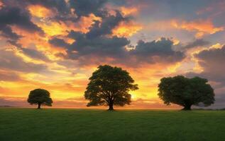 Grassy landscape with a tree and raincloud with a beautiful sunset. AI generated. photo