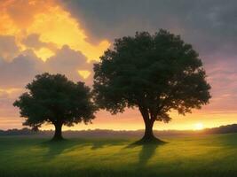Grassy landscape with a tree and raincloud with a beautiful sunset. AI generated. photo