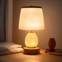 Small lamp glowing in bedroom night stand, close up, dim room. AI generated. photo