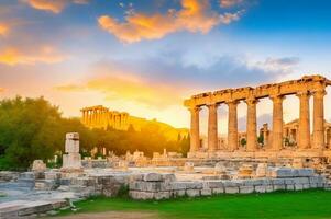 Ancient construction in Athens, Ancient Agora of Athens in Greece beautiful sunset. AI generated. photo