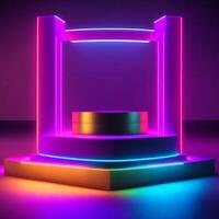 Blue pink violet neon abstract background, ultraviolet light, night club empty room interior. AI generated. photo