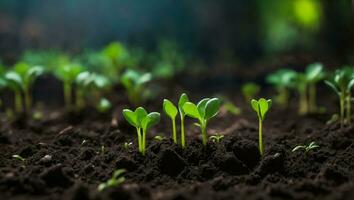 Green sprouts in dark soil against a blurred background symbolize growth and potential. AI generated. photo