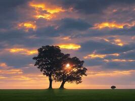 Grassy landscape with a tree and raincloud with a beautiful sunset. AI generated. photo