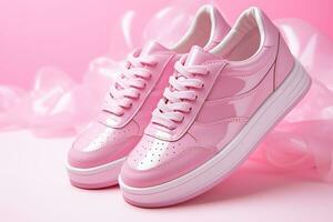 Pink women's leather sneakers without logo on a pink background. Youth shoes. Side view photo