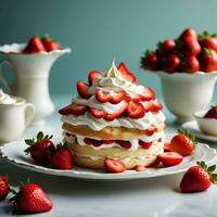 capas de escamoso torta de frutas apilado con Fresco fresas y ondulante chantilly crema, esmeradamente adornado. ai generativo foto