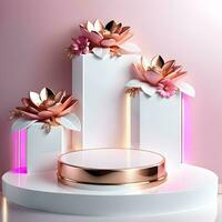 Empty pedestal Mixed between high gloss white and pink gold materials. with a neon effect. ai generative photo