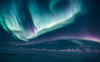 un surrealista y etéreo ver de el del Norte luces bailando a través de un lleno de estrellas noche cielo terminado un Nevado ártico tundra. ai generativo foto