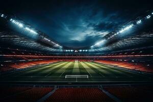 un vacío estadio para jugando fútbol, fútbol en el abierto aire en el brillante rayos de reflectores. oscuro cielo con nubes terminado el estadio. Deportes competencia concepto. foto