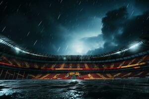 Empty outdoor stadium for playing football in the pouring rain. Sports competition concept. photo