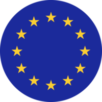 europeisk union runda flagga. eu flagga, gul stjärnor på blå cirkel. europeisk union flagga skjuta på knapp. png