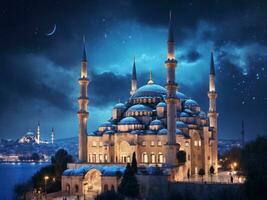 Beautiful mosque in the night city of Istanbul Turkey. AI generated. photo