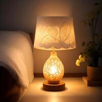 Small lamp glowing in bedroom night stand, close up, dim room. AI generated. photo